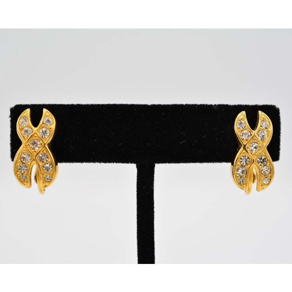 Napier Vintage Crystal Clip On Earrings X Rhinestone Gold Signed 1980s BinW
